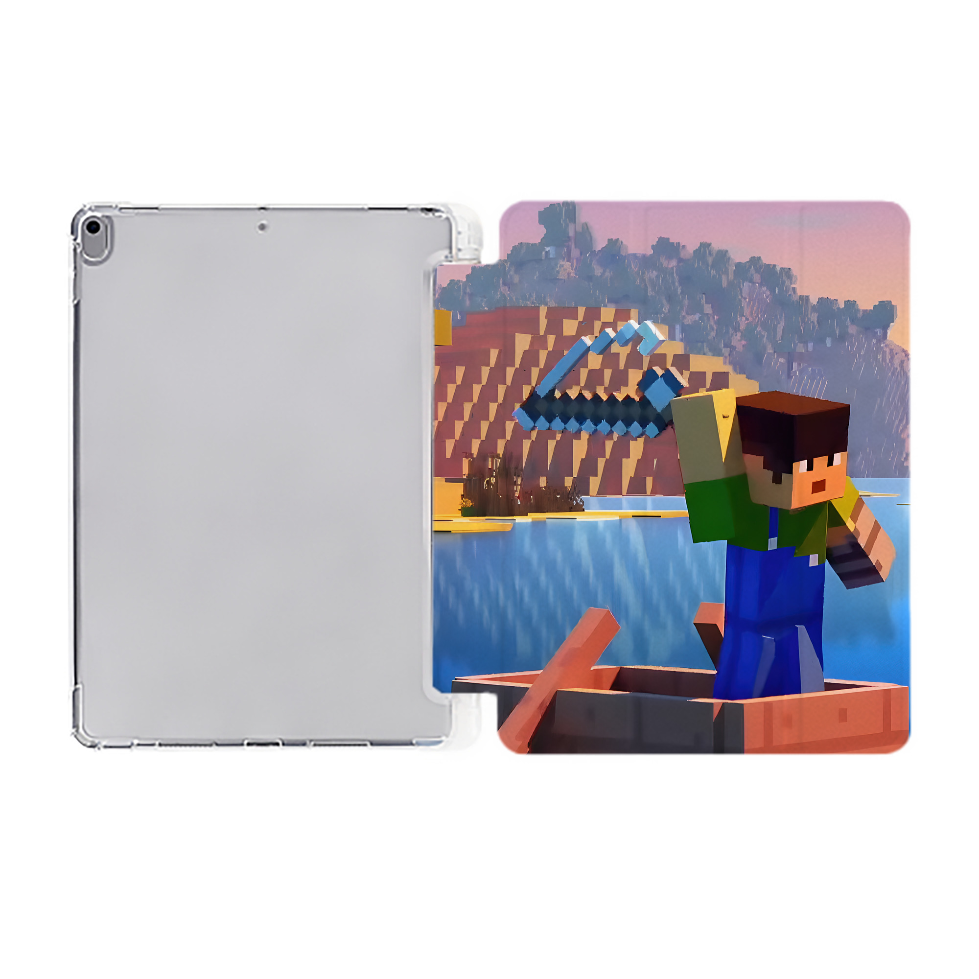 （画像用） マインクラフト ブロックの世界 Minecraft MC Block world IPad ケース ペン収納付き 三つ折りスタンド PUレザー×シリコン 対応機種9.5/10.5/10.9インチ